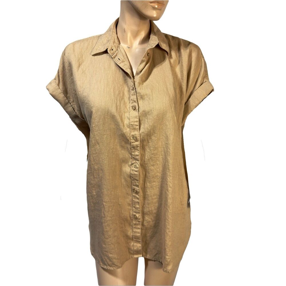 Lauren Ralph Lauren Linen Button Up Shirt Women’s Size XL Tan Short Sleeve